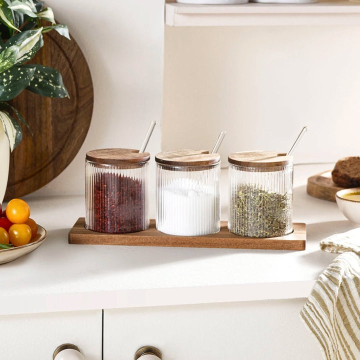 Karaca Mova Akasya Krydderisæt m/Skeer - 10 - Dele - Glas/Træ - Løven Home