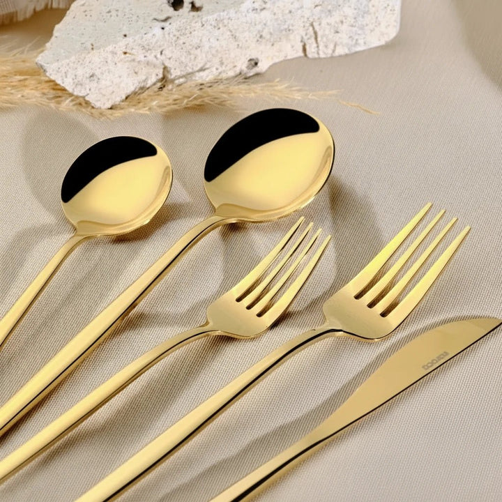 Karaca Orion 30 - delt Bestiksæt 18/10 rustfrit stål | Blank Guld | 6 personer - Løven Home