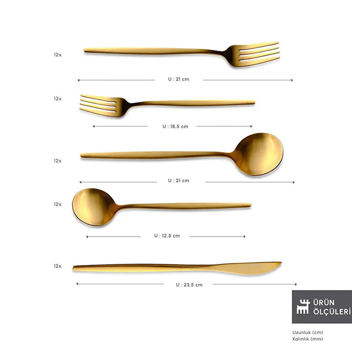 Karaca Orion Mat Gold 60 - delt bestiksæt – 18/10 rustfrit stål 12 Personers - Løven Home