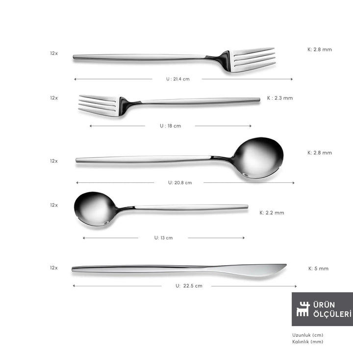 Karaca Orion Sølv 30 Dele Bestiksæt – 6 Personer - Rustfrit Stål - Løven Home