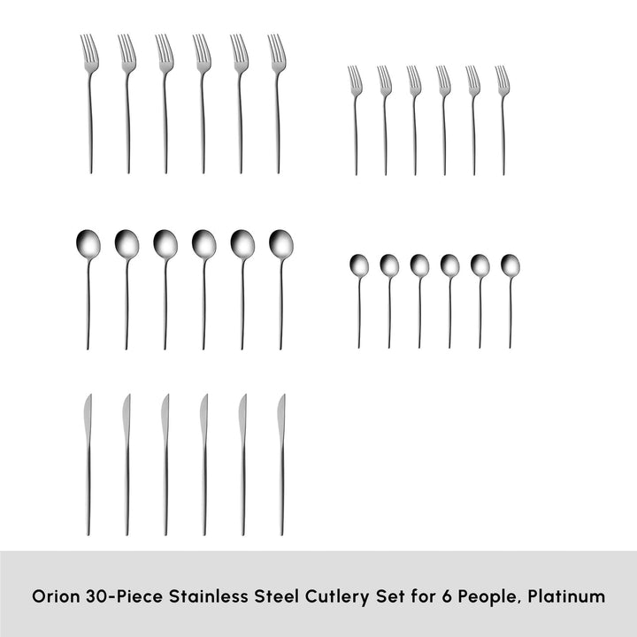 Karaca Orion Sølv 30 Dele Bestiksæt – 6 Personer - Rustfrit Stål - Løven Home