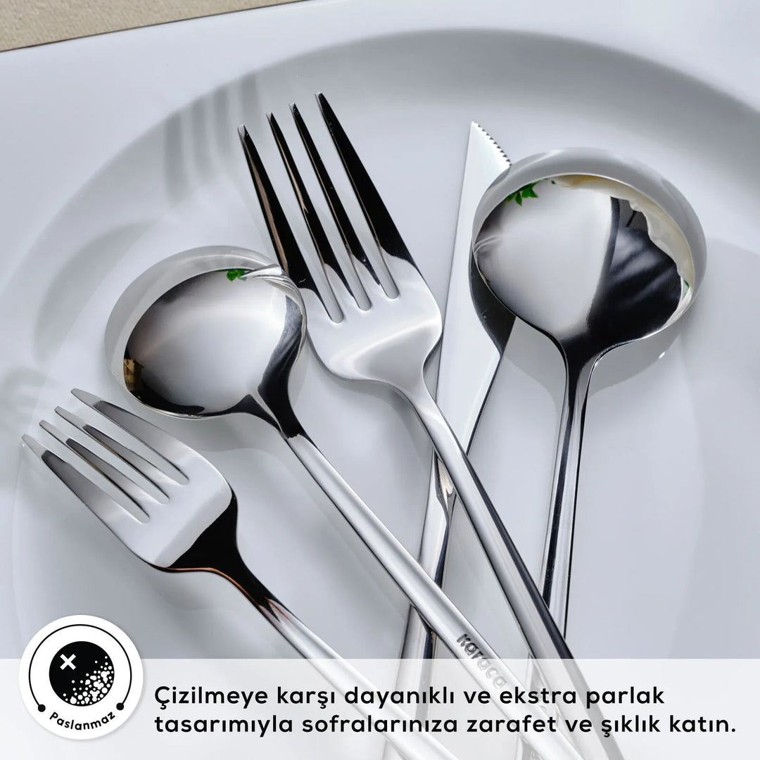 Karaca Orion Sølv 30 Dele Bestiksæt – 6 Personer - Rustfrit Stål - Løven Home