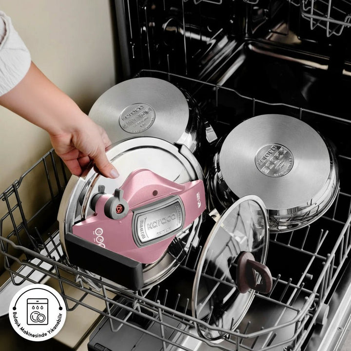 Karaca Perfect Pink Trykkoger - sæt med induktionsbund | 4 + 6 liter | Rustfrit stål - Løven Home