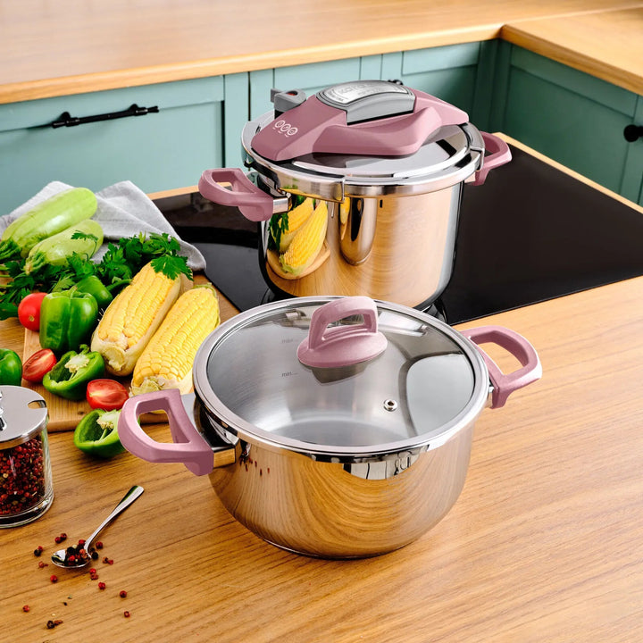 Karaca Perfect Pink Trykkoger - sæt med induktionsbund | 4 + 6 liter | Rustfrit stål - Løven Home