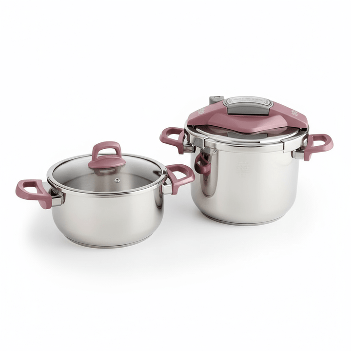 Karaca Perfect Pink Trykkoger - sæt med induktionsbund | 4 + 6 liter | Rustfrit stål - Løven Home