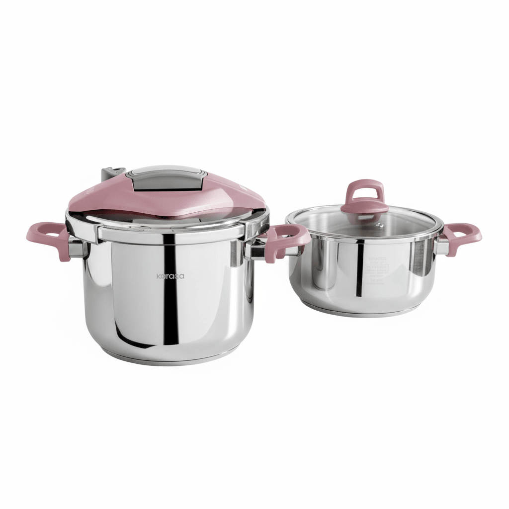Karaca Perfect Pink Trykkoger - sæt med induktionsbund | 4 + 6 liter | Rustfrit stål - Løven Home