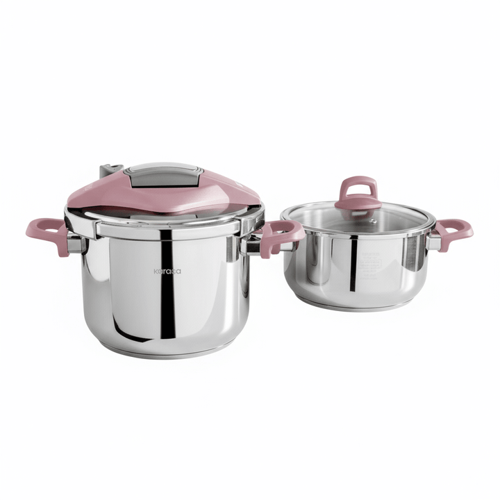 Karaca Perfect Pink Trykkoger - sæt med induktionsbund | 4 + 6 liter | Rustfrit stål - Løven Home