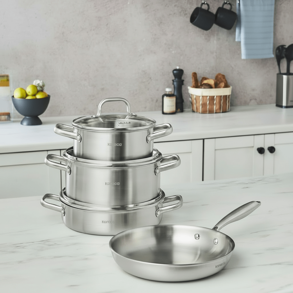 Karaca Power Steel 316+ 3Ply Akita Induktionsbase Gryde - og Pandesæt – 7 Dele - Rustfrit Stål - Løven Home