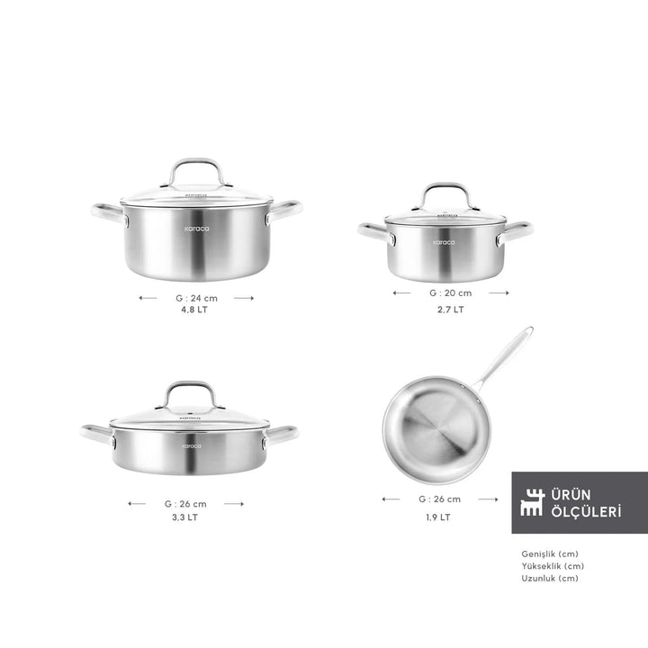 Karaca Power Steel 316+ 3Ply Akita Induktionsgryde - og Pandesæt – 7 Dele - Løven Home