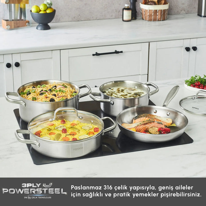 Karaca Power Steel 316+ 3Ply Akita Induktionsgryde - og Pandesæt – 7 Dele - Løven Home