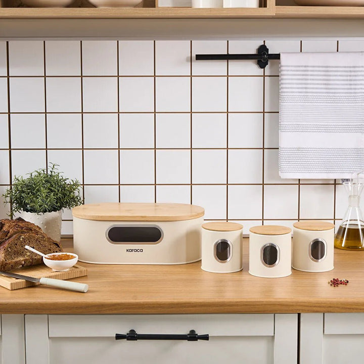 Karaca Premium Brødkasse Sæt med Bambuslåg – Inkl. Gratis Opbevaringskrukke Cream - Løven Home