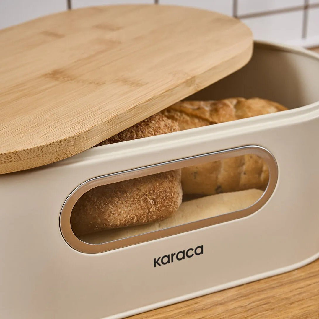 Karaca Premium Brødkasse Sæt med Bambuslåg – Inkl. Gratis Opbevaringskrukke Cream - Løven Home