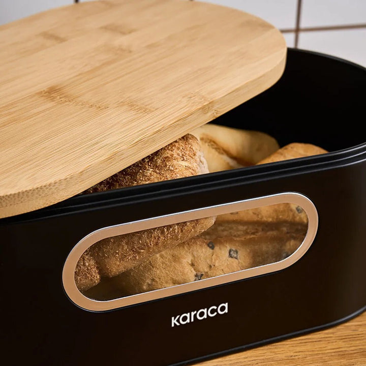 Karaca Premium Brødkasse Sæt med Bambuslåg – Inkl. Gratis Opbevaringskrukke Sort - Løven Home