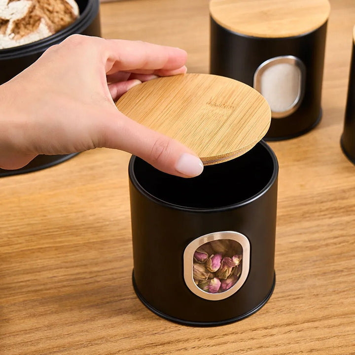 Karaca Premium Brødkasse Sæt med Bambuslåg – Inkl. Gratis Opbevaringskrukke Sort - Løven Home