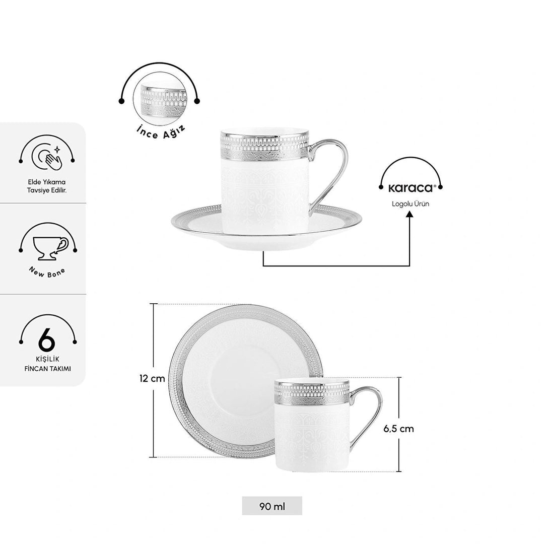 Karaca Royal Bone Kate – Espressosæt til 6 personer (90 ml) - Hvid/Sølv - Løven Home
