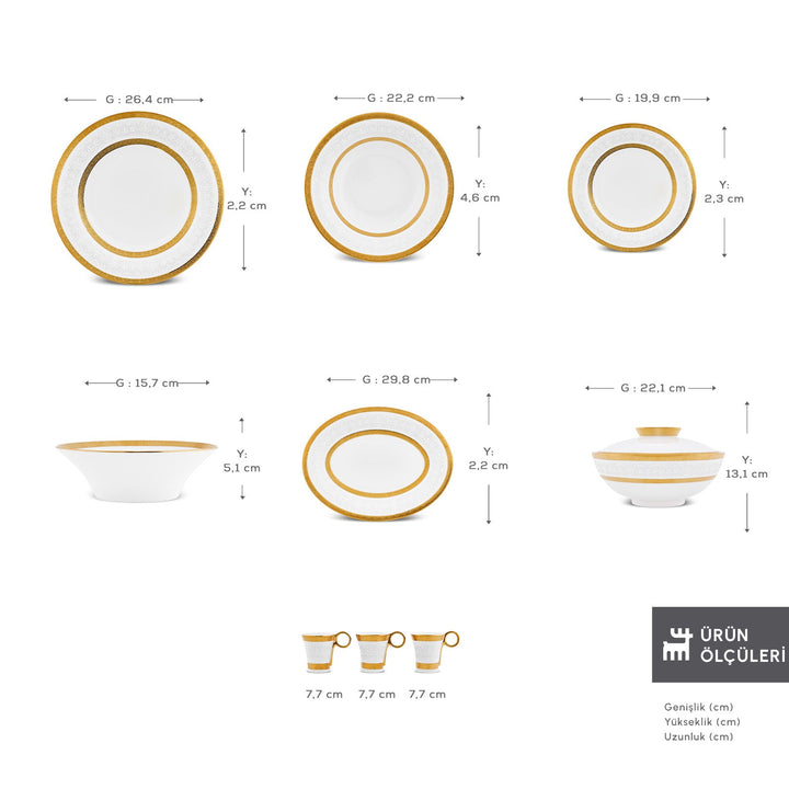Karaca Royal Bone Victoria - Gold - 55 Dele - 12 Personers Spisestel - Løven Home