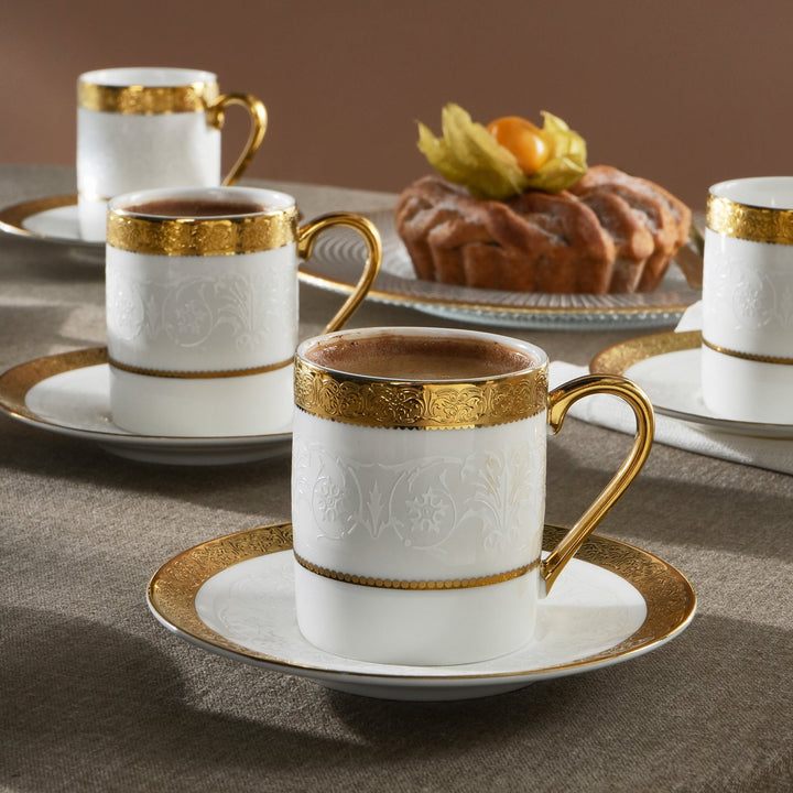 Karaca Royal Bone Victoria Kaffekopsæt - 6 Pers. - 90 ml - Hvid/Guld - Løven Home