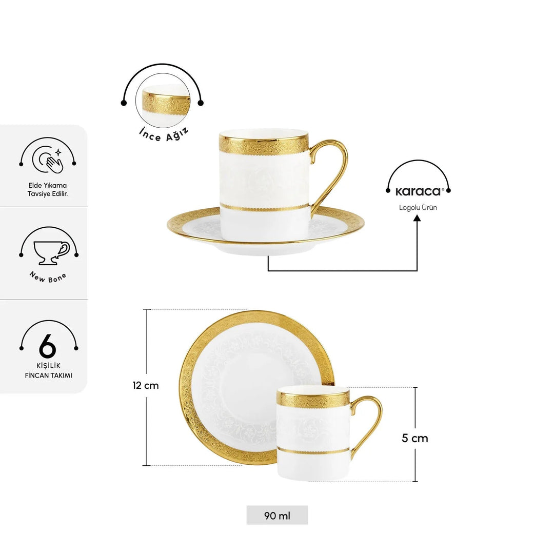 Karaca Royal Bone Victoria Kaffekopsæt - 6 Pers. - 90 ml - Hvid/Guld - Løven Home
