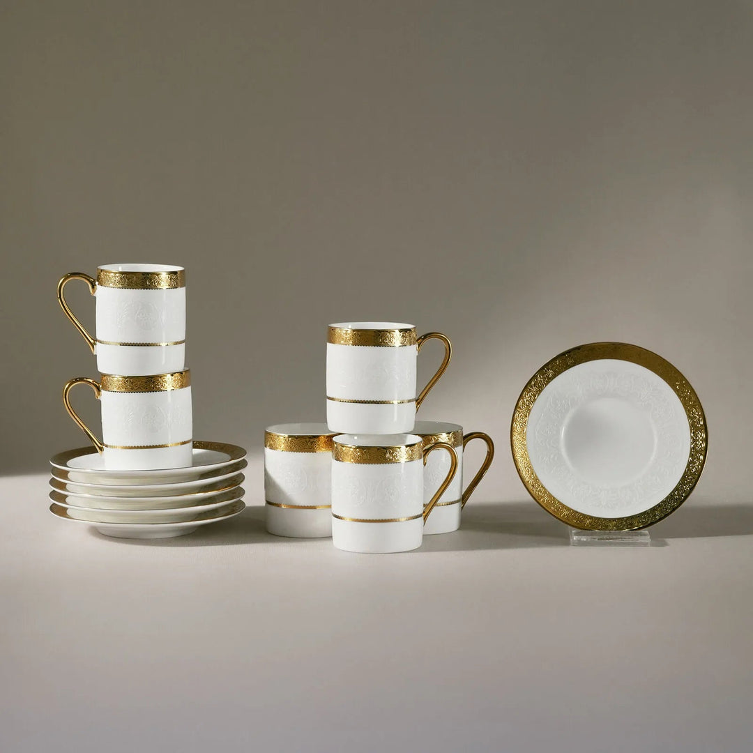 Karaca Royal Bone Victoria Kaffekopsæt - 6 Pers. - 90 ml - Hvid/Guld - Løven Home