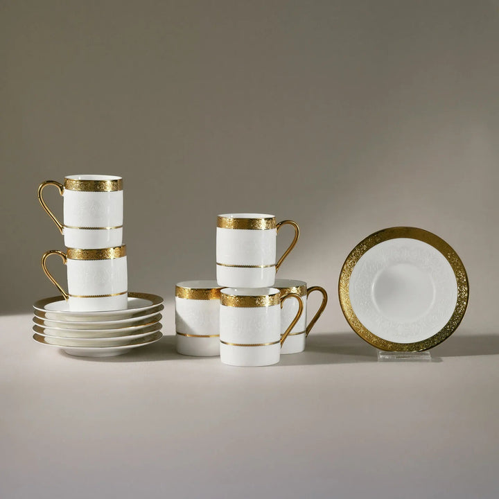 Karaca Royal Bone Victoria Kaffekopsæt - 6 Pers. - 90 ml - Hvid/Guld - Løven Home
