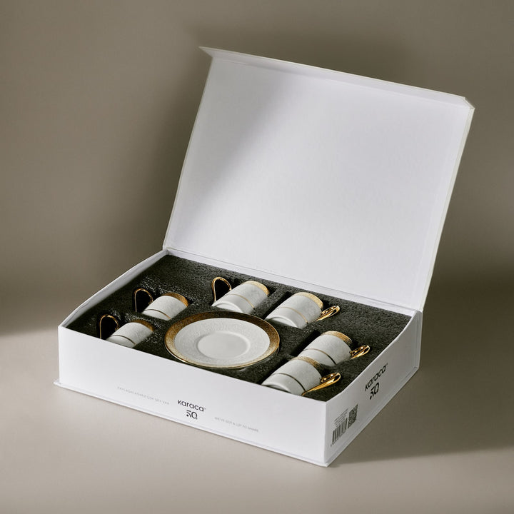 Karaca Royal Bone Victoria Kaffekopsæt - 6 Pers. - 90 ml - Hvid/Guld - Løven Home