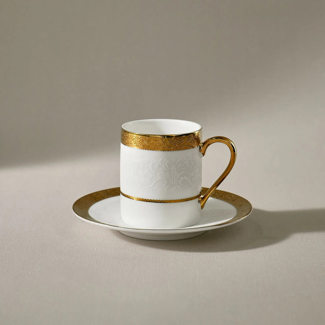 Karaca Royal Bone Victoria Kaffekopsæt - 6 Pers. - 90 ml - Hvid/Guld - Løven Home