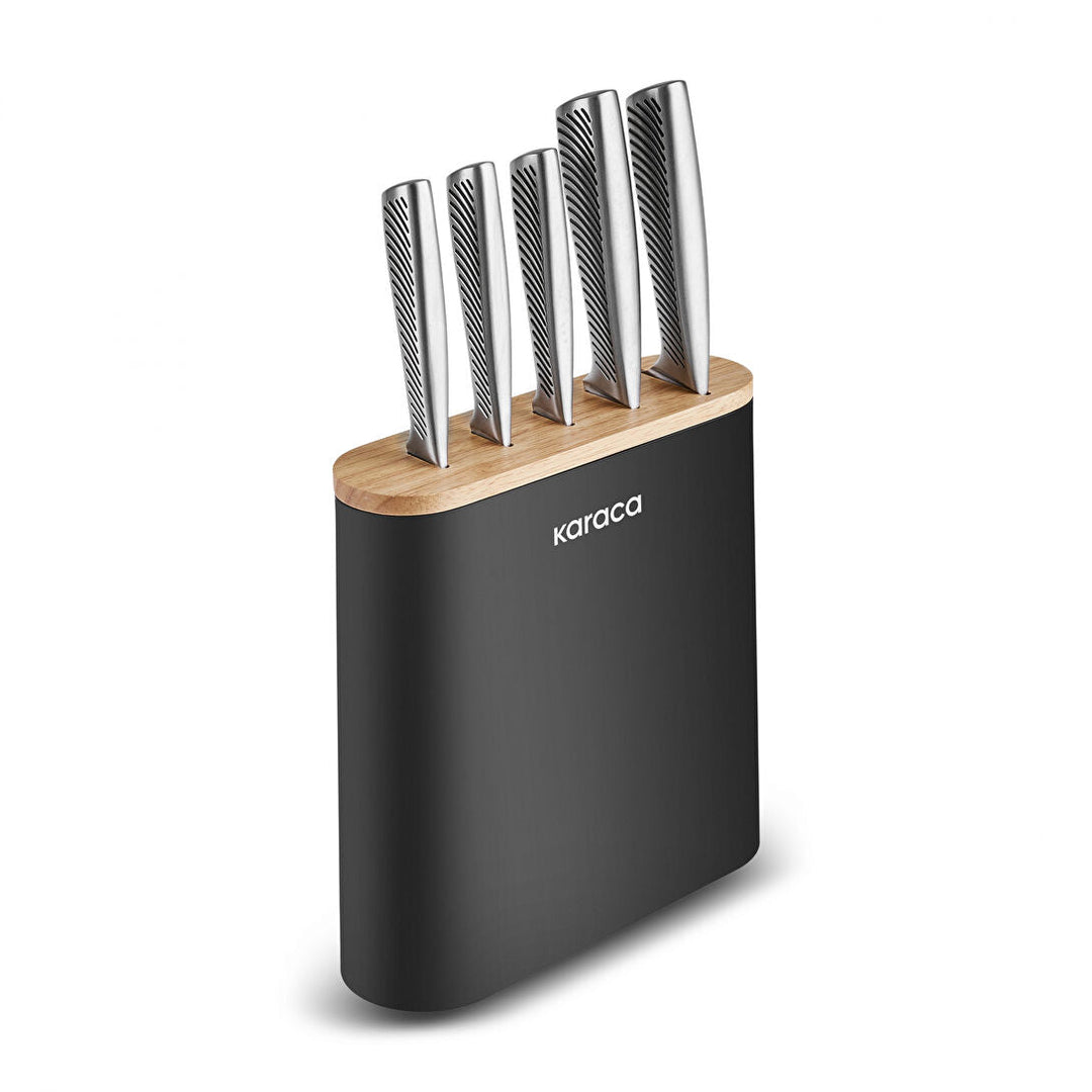 Karaca Samurai Knivsæt m/Stand – 6 dele – Massivt Japansk Stål - Sort/Træ Design - Løven Home