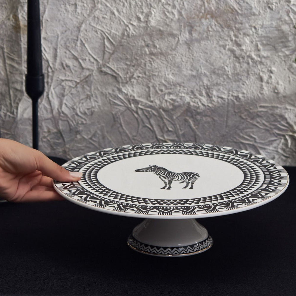 Karaca Silk Road Porcelæn Kagestand på Fod 30 cm - Hvid/Sort - Løven Home