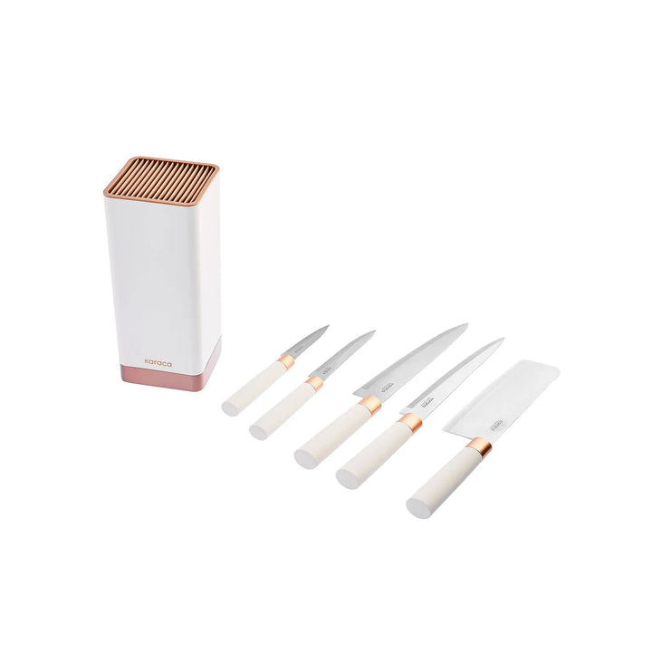 Karaca Skycut Knivsæt m/Stand og Kødøkse – 6 dele – Creme - Løven Home