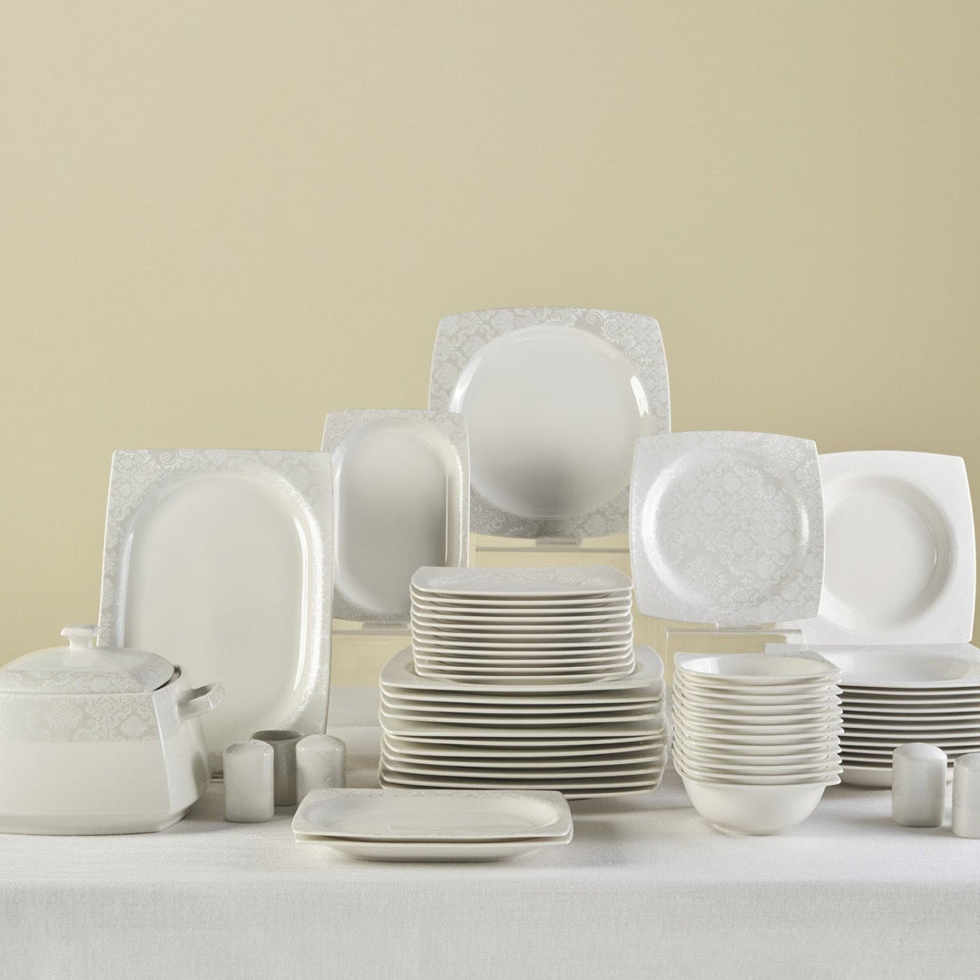 Karaca Square Bone - Bridal Tallerkensæt - 60 Dele | 12 Personer | Hvid/mønstret - Løven Home