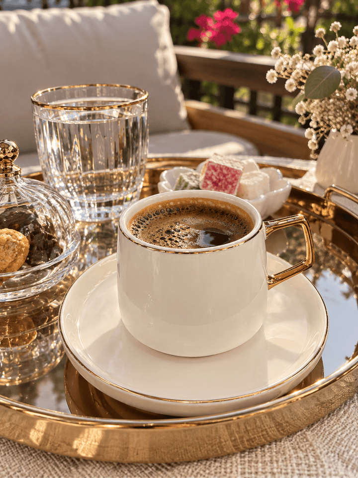 Karaca - Streamline Saturn Espressosæt - 100 ml | Porcelæn | Hvid m/guldkant | 12 dele | 6 pers. - Løven Home