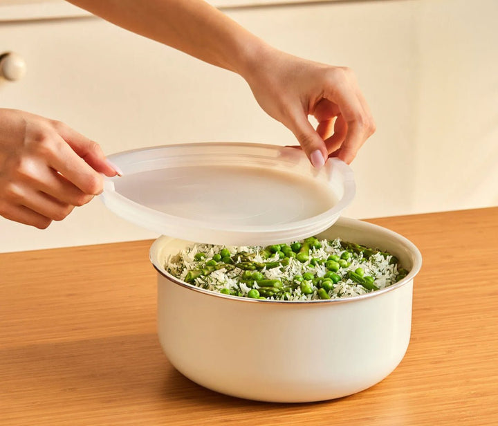 Karaca Swiss Crystal Almond Cream Easy Clip 7 - delers induktionsgryde - og pandesæt - Løven Home