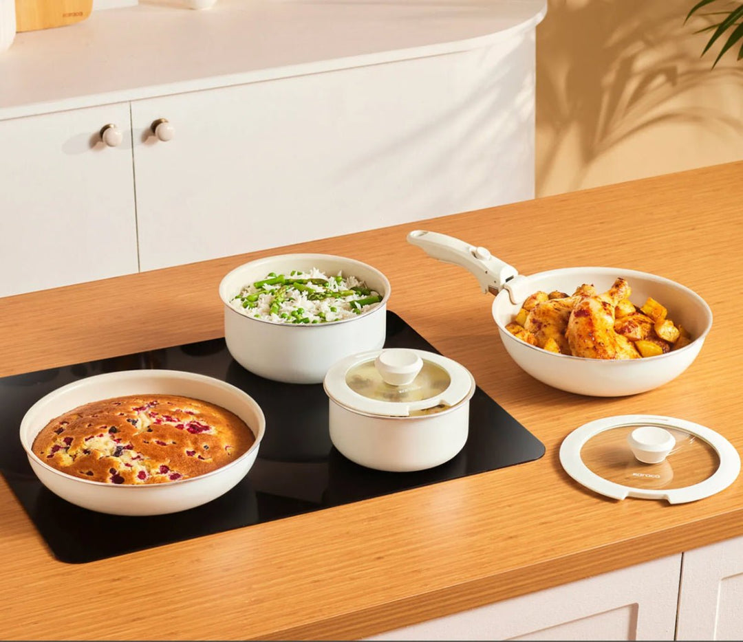 Karaca Swiss Crystal Almond Cream Easy Clip 7 - delers induktionsgryde - og pandesæt - Løven Home