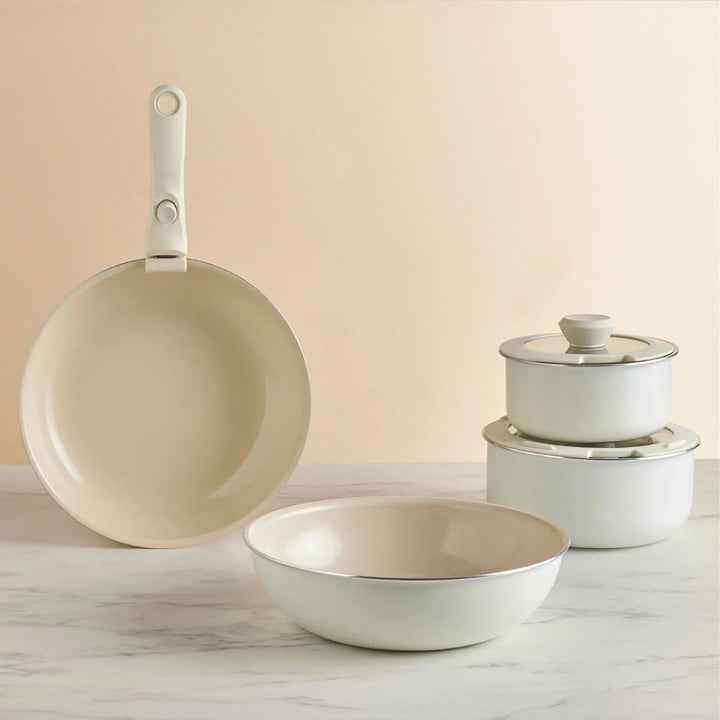 Karaca Swiss Crystal Almond Cream Easy Clip 7 - delers induktionsgryde - og pandesæt - Løven Home