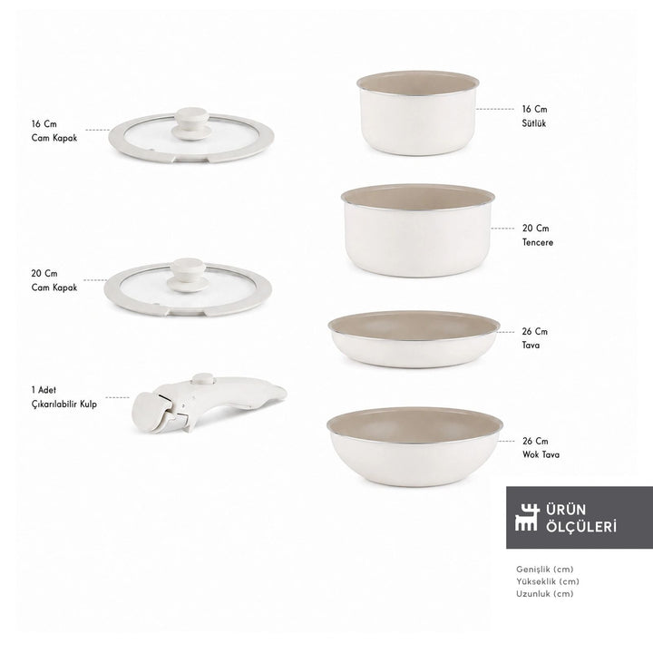 Karaca - Swiss Crystal Almond Cream Easy Clip non stick gryde og pandesæt - 7 dele | Creme - Løven Home