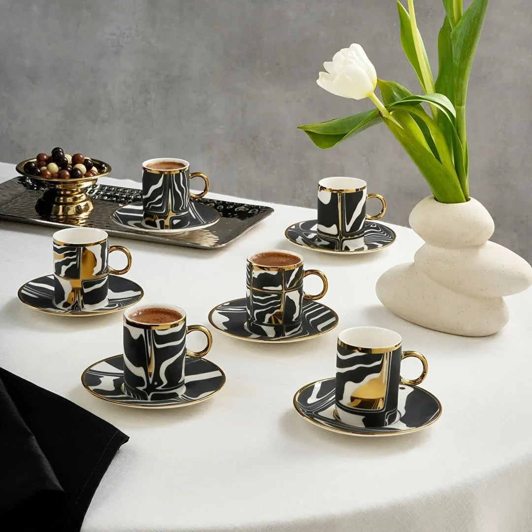 Karaca Tales Espressosæt til 6 Pers. – 90 ml - Sort/Hvid/Guld - Løven Home