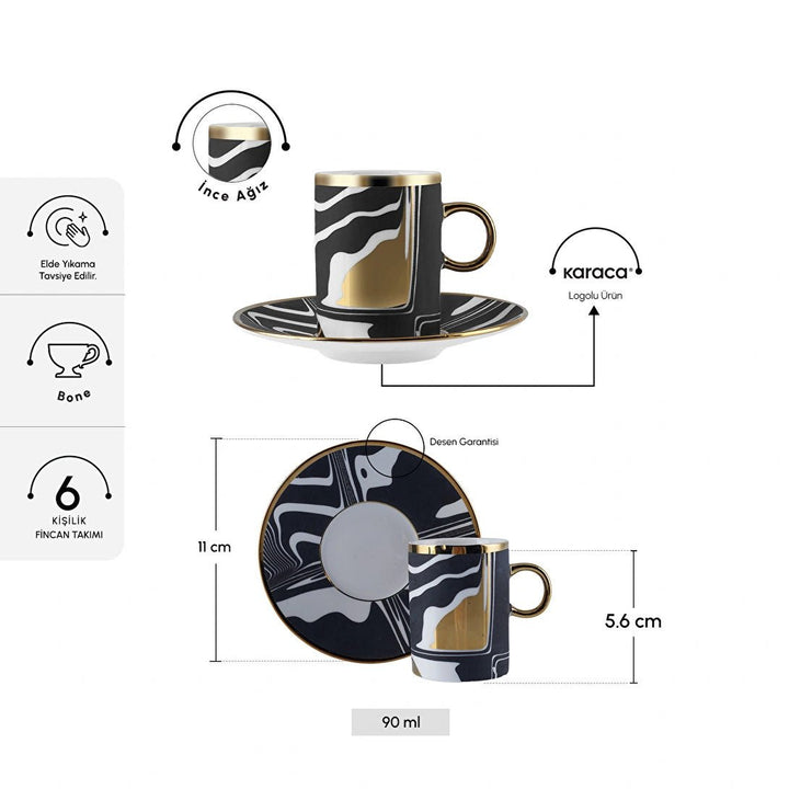 Karaca Tales Espressosæt til 6 Pers. – 90 ml - Sort/Hvid/Guld - Løven Home