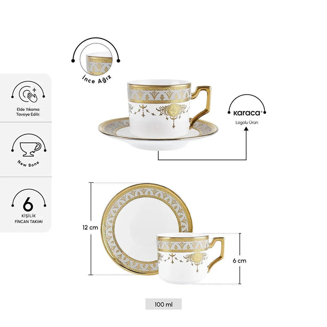 Karaca Tugra Espressosæt 12 Dele til 6 Pers. (100 ml) - Hvid/Guld - Løven Home