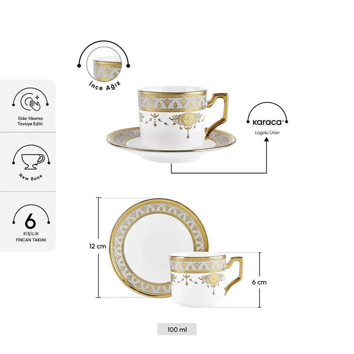 Karaca Tugra Espressosæt 12 Dele til 6 Pers. (100 ml) - Hvid/Guld - Løven Home