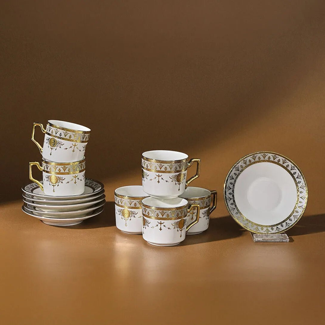 Karaca Tugra Espressosæt 12 Dele til 6 Pers. (100 ml) - Hvid/Guld - Løven Home