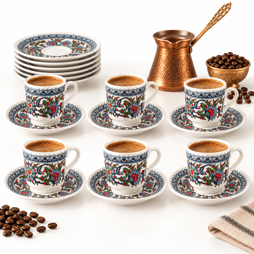 Korkmaz - Bosphorus Tyrkisk Kaffekopsæt – 12 dele | 6 personer | Rød/blå - Løven Home