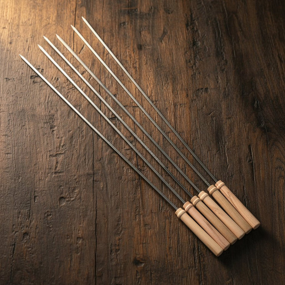 Kraftige Easy grillspyd i rustfrit stål m/trægreb 6 stk. - 60 cm - Løven Home
