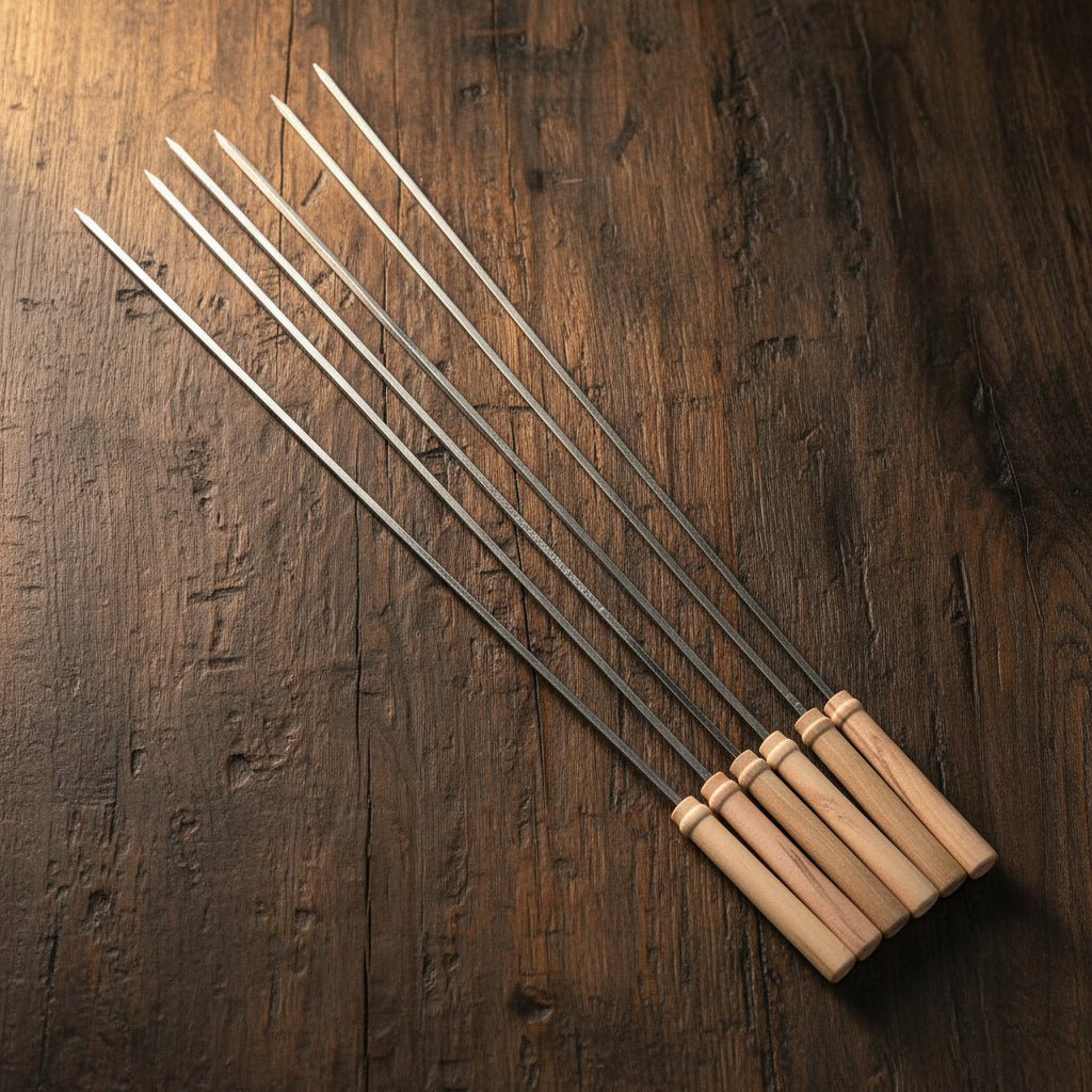 Kraftige Easy grillspyd i rustfrit stål m/trægreb 6 stk. - 60 cm - Løven Home