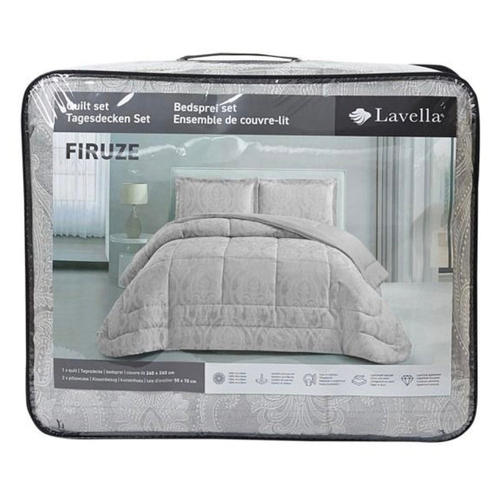 Lavella Firuze Sengetæppe Sæt 3 Dele | 240x260 cm | Grå | Damaskmønster - Løven Home