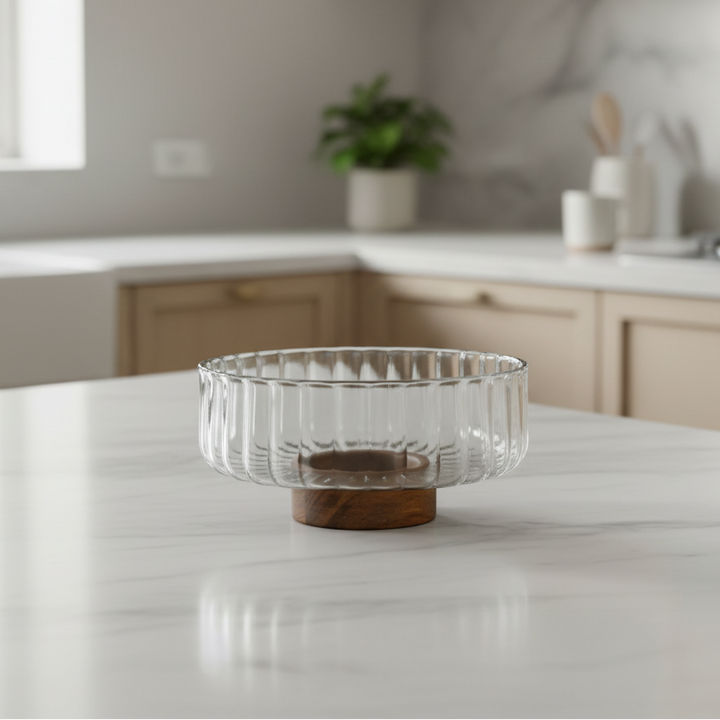 Almina - Luana Bowl Grande glasskål på træfod – Ø25 cm / Glas/akacietræ / Klar/brun