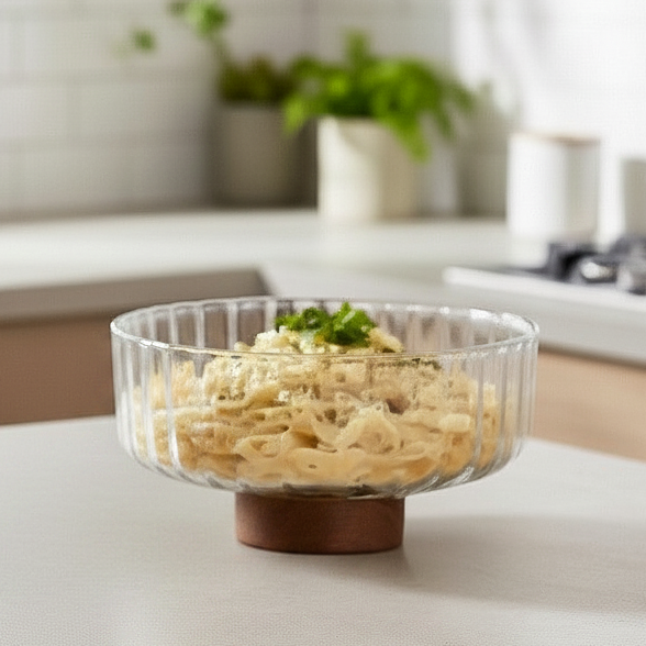Almina - Luana Bowl Grande glasskål på træfod – Ø25 cm / Glas/akacietræ / Klar/brun