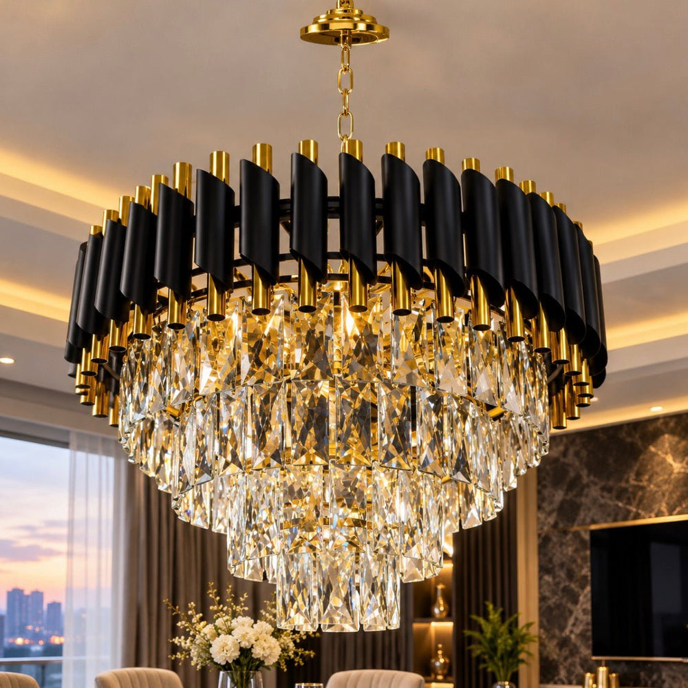 Luxury Living - Elegant Loftlampe med Krystaller – Sort & Guld | 50 cm - Løven Home