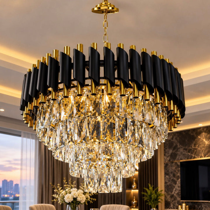 Luxury Living - Elegant Loftlampe med Krystaller – Sort &amp; Guld | 50 cm - Løven Home