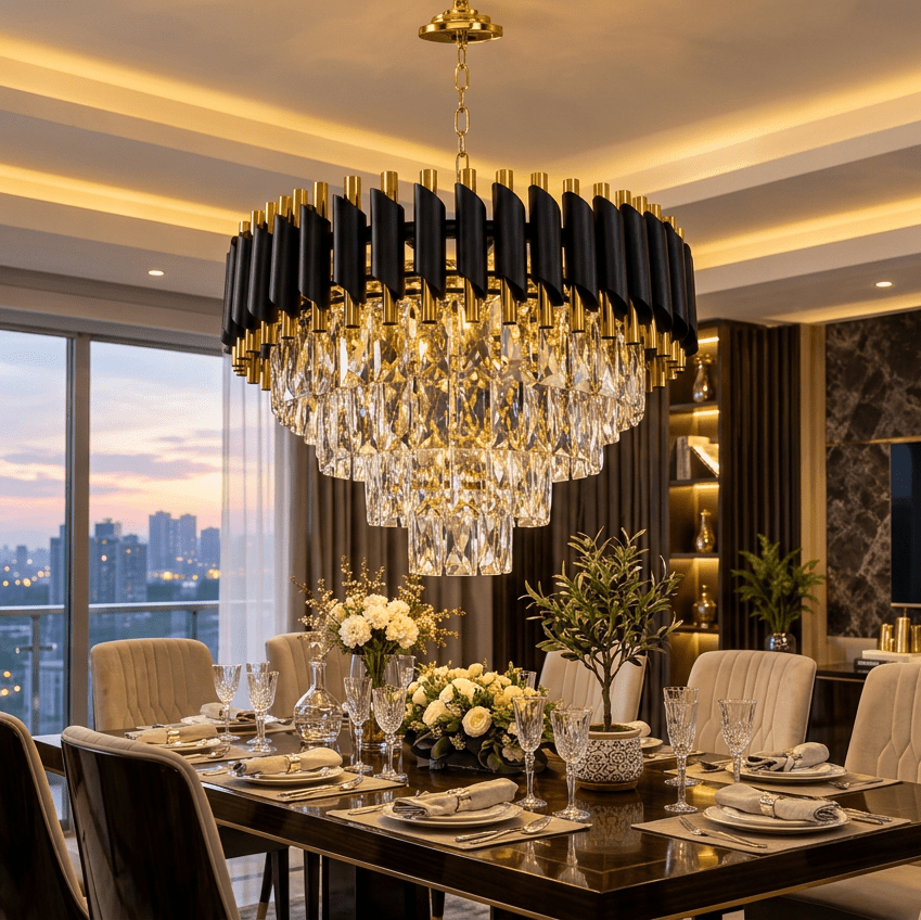 Luxury Living - Elegant Loftlampe med Krystaller – Sort &amp; Guld | 50 cm - Løven Home