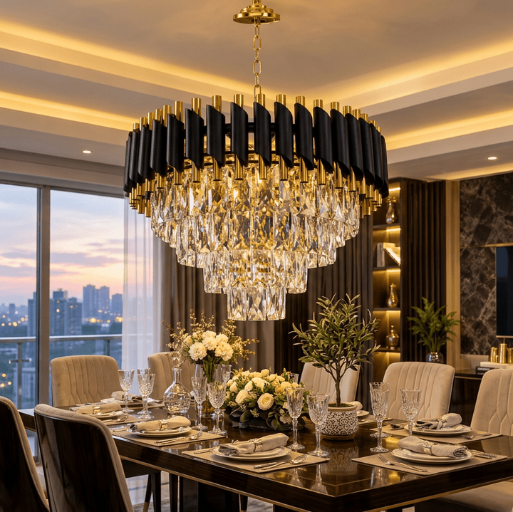 Luxury Living - Elegant Loftlampe med Krystaller – Sort &amp; Guld | 50 cm - Løven Home